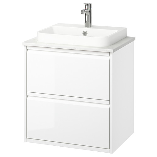 ÄNGSJÖN / BACKSJÖN Wash-stnd w drawers/wash-basin/tap, high-gloss white/white marble effect, 62x49x71 cm