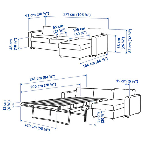 VIMLE 3-seat sofa-bed with chaise longue, Gunnared medium grey