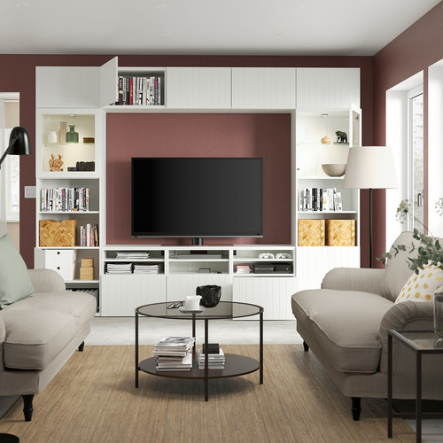 BESTÅ TV storage combination/glass doors, white Sutterviken/Sindvik white clear glass, 300x42x231 cm