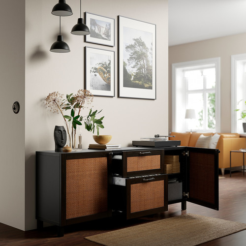 BESTÅ Storage combination with drawers, black-brown Studsviken/Stubbarp/dark brown woven poplar, 180x42x74 cm