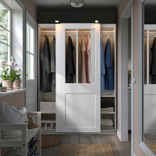 PAX / GRIMO Wardrobe with sliding doors, white/clear glass white, 150x66x201 cm