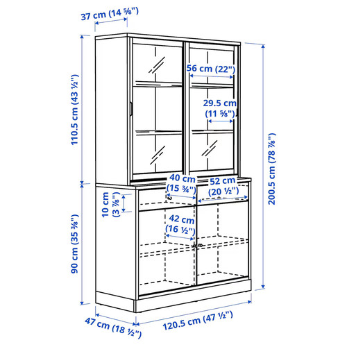 TONSTAD Storage comb w sliding glass doors, oak veneer/clear glass, 121x47x201 cm