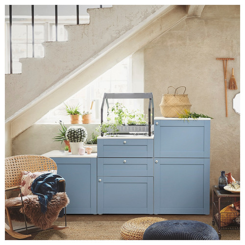 PLATSA Cabinet with doors and drawers, white/Sannidal blue, 180x57x103 cm