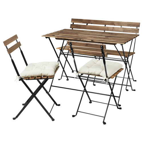 TÄRNÖ Table+2 chairs+ bench, outdoor, black/light brown stained/Kuddarna beige