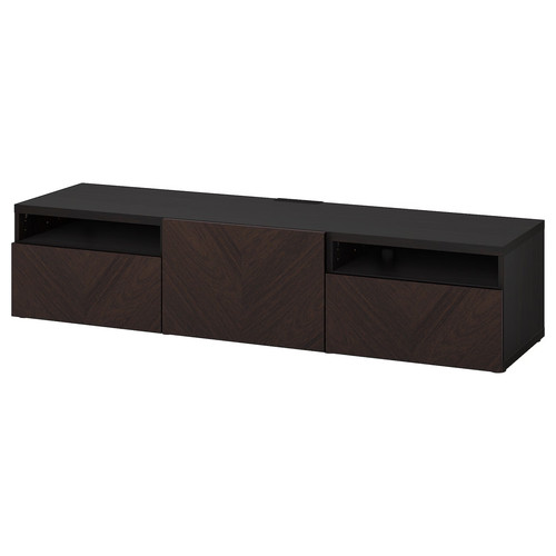 BESTÅ TV bench with drawers and door, black-brown Hedeviken/dark brown stained oak veneer, 180x42x39 cm
