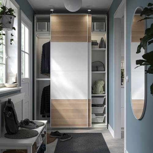 PAX / MEHAMN Wardrobe combination, white/double sided white stained oak effect, 150x44x236 cm