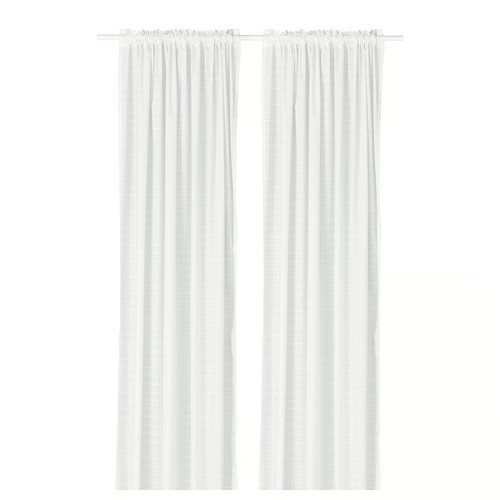 MÄSTERROT Curtains, 1 pair, white white/grid with heading tape, 145x300 cm