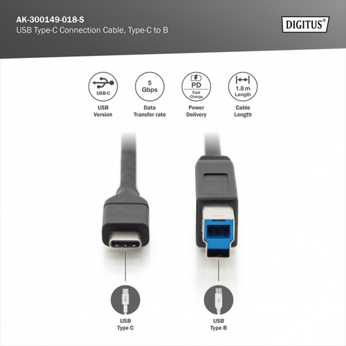 Assmann Connection Cable USB 3.1 Gen.2 SuperSpeed + 10Gbps USB Type C / B M / M Power Delivery, black, 1.8m