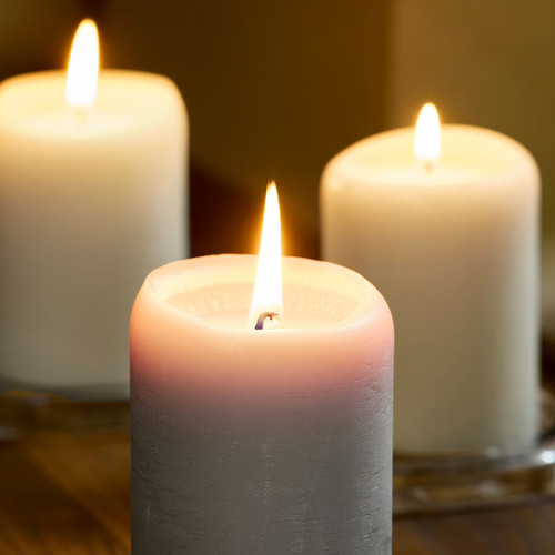 LOTSFÅGEL Scented pillar candle, Vanilla beige, 30 hr, 3-pack