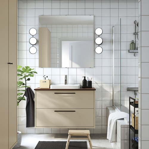 HAVBÄCK / ORRSJÖN Wash-stnd w drawers/wash-basin/tap, beige/brown walnut effect, 102x49x71 cm
