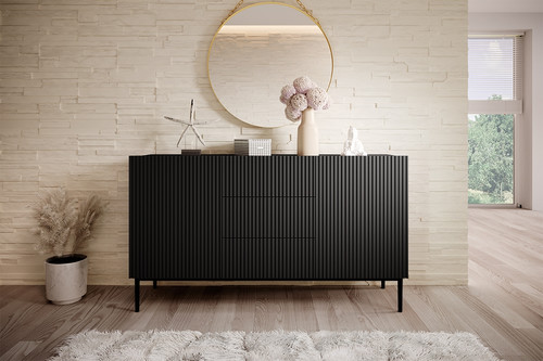 Cabinet with 2 Doors & 3 Drawers Nicole 150cm, matt black/black legs