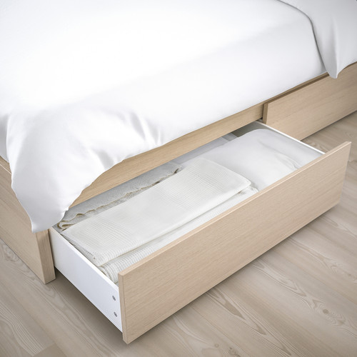 MALM Bed frame, high, w 2 storage boxes, white stained oak veneer, 140x200 cm