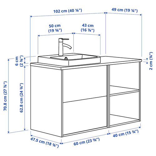 ÄNGSJÖN / BACKSJÖN Wash-stand/wash-basin/tap, oak effect/black marble effect, 102x49x71 cm