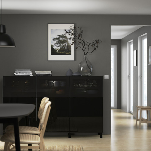 BESTÅ Storage combination with doors, black-brown, Selsviken/Glassvik high-gloss/black, smoked glass, 180x40x112 cm