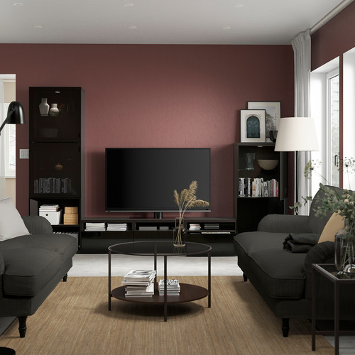 BESTÅ TV storage combination/glass doors, black-brown/Selsviken high-gloss/black smoked glass, 300x42x193 cm