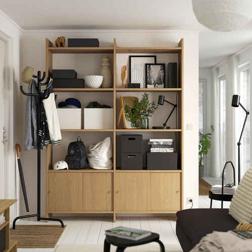 LÅDMAKARE Storage combination w sliding doors, with 6 shelves/oak effect, 159x35x212 cm