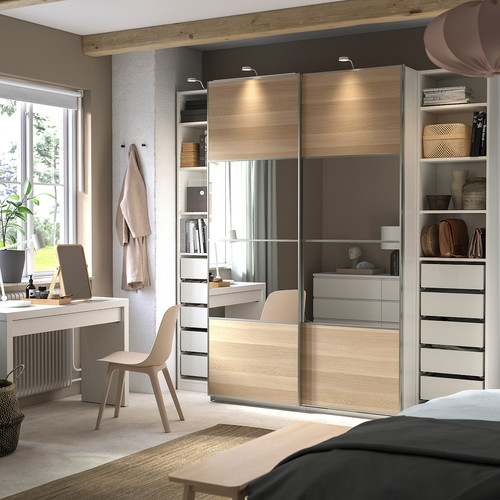 PAX / MEHAMN/AULI Wardrobe with sliding doors, white double sided/white stained oak effect mirror glass, 250x66x236 cm