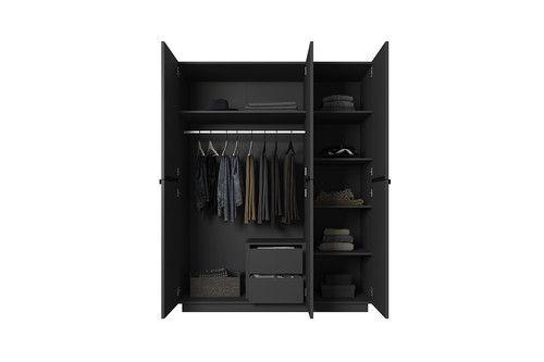 Wardrobe with Drawer Unit Nicole 150 cm, matt black, black handles
