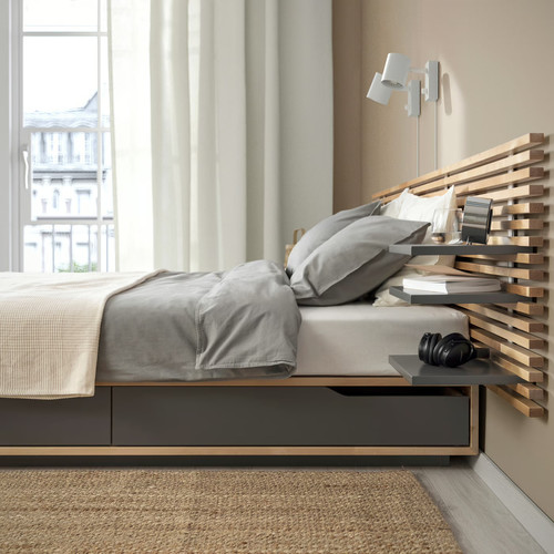 MANDAL Bed frame with headboard, birch/grey, 160x200 cm