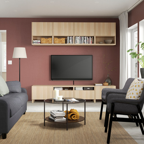 BESTÅ TV storage combination, white stained oak effect/Lappviken/Stubbarp white stained oak effect, 240x42x230 cm