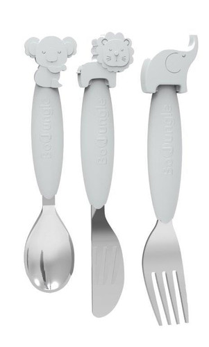 Bo Jungle B-Spoon, Fork, Knife Cutlery for Children Silicone/Inox, grey