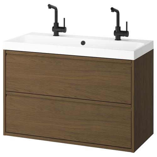 ÄNGSJÖN / BACKSJÖN Wash-stnd w drawers/wash-basin/taps, brown oak effect, 100x48x69 cm