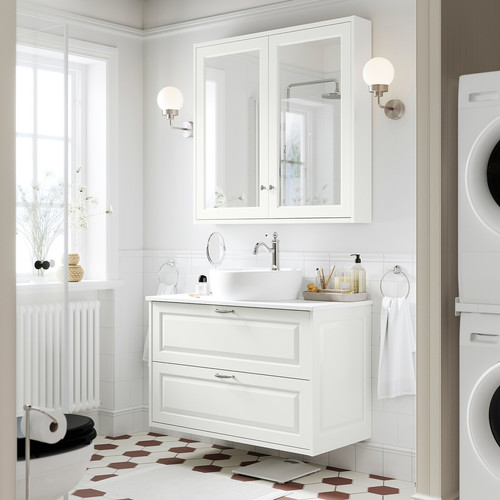 TÄNNFORSEN / TÖRNVIKEN Wash-stnd w drawers/wash-basin/tap, white/white marble effect, 102x49x79 cm