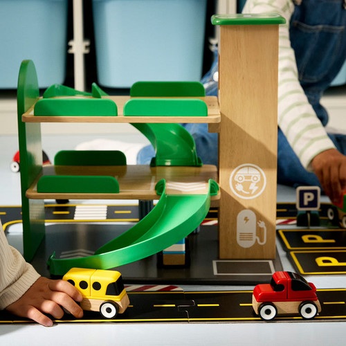 LILLABO 4-piece vehicle set, sports car/school bus recycling truck/police car/multicolour