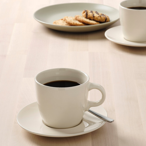 FÄRGKLAR Cup with saucer, glossy beige, 25 cl, 4 pack