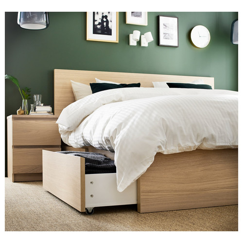 MALM Bed frame, high, w 2 storage boxes, white stained oak veneer, Luröy, 160x200 cm