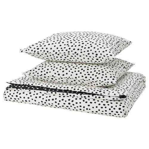 BJÖRKGRÅMAL Duvet cover and 2 pillowcases, black white/dotted, 200x200/50x60 cm