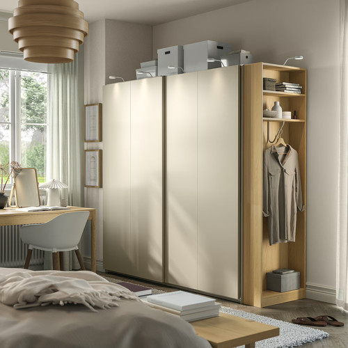 PAX / HASVIK Wardrobe with sliding doors, grey-beige grey-beige/oak effect, 220x66x201 cm
