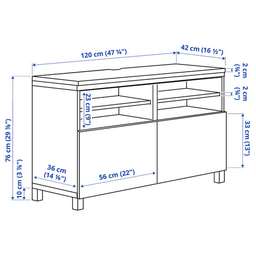 BESTÅ TV bench with doors, white/Studsviken/Kabbarp white, 120x42x76 cm