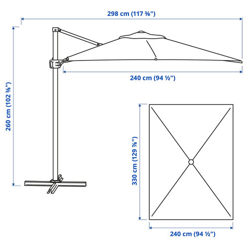 SEGLARÖ Parasol, hanging, anthracite/tilting, 330x240 cm