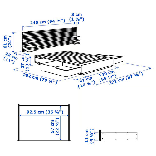 MANDAL Bed frame with headboard, birch/white, 140x202 cm