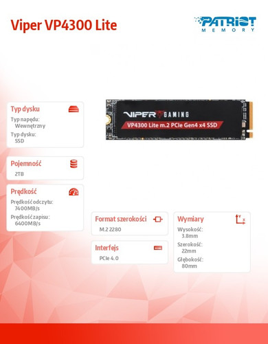 Patriot SSD 2TB Viper VP4300 Lite 7400/6400 M.2 PCIe Gen4x4 NVMe 2.0 PS5