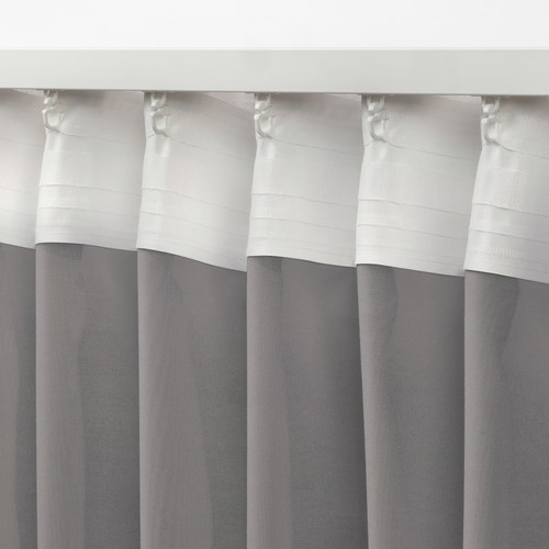 STENFRÖ Sheer curtains, 1 pair, grey/with heading tape, 145x300 cm