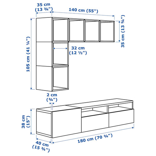 BESTÅ / EKET Cabinet combination for TV, white/black-brown, 180x42x170 cm