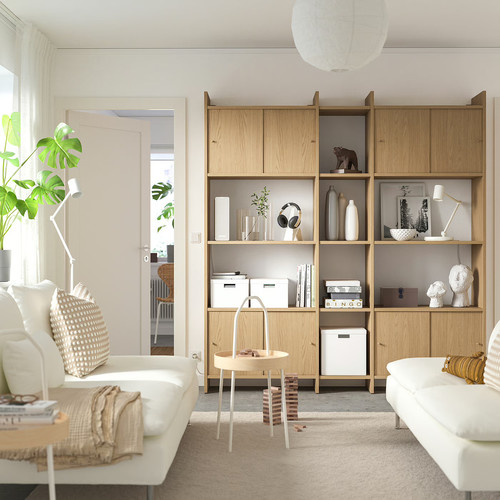 LÅDMAKARE Storage combination w sliding doors, with 7 shelves/oak effect, 198x35x212 cm