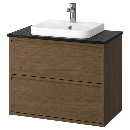 ÄNGSJÖN / BACKSJÖN Wash-stnd w drawers/wash-basin/tap, brown oak effect/black marble effect, 82x49x71 cm