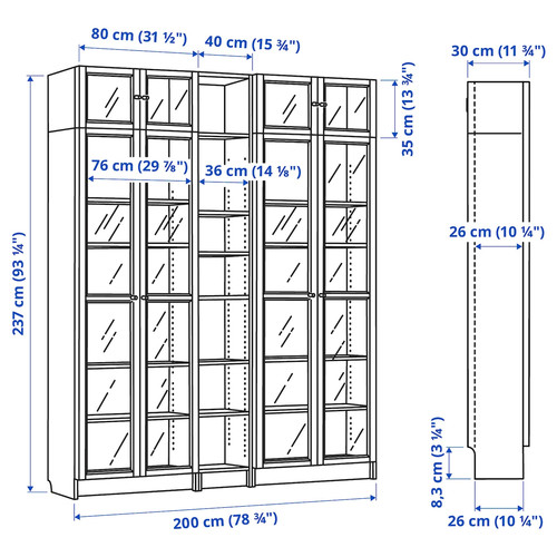 BILLY / OXBERG Bookcase w glass doors/ext unit, dark brown oak effect, 200x30x237 cm