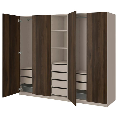 PAX / STORKLINTA Wardrobe combination, grey-beige/dark brown stained oak effect, 250x58x201 cm