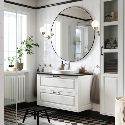 TÄNNFORSEN / RUTSJÖN Wash-stnd w drawers/wash-basin/tap, white/black marble effect, 102x49x76 cm