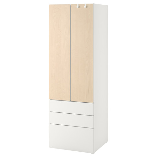 SMÅSTAD / PLATSA Wardrobe, white/birch with 3 drawers, 60x42x181 cm