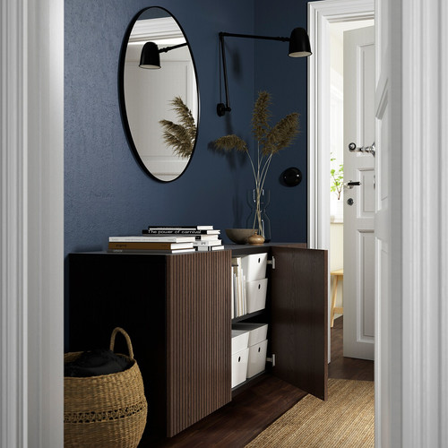 BESTÅ Wall-mounted cabinet combination, black-brown Björköviken/brown stained oak veneer, 180x42x64 cm