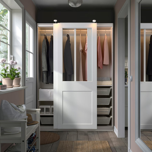 PAX / GRIMO Wardrobe with sliding doors, white/clear glass white, 150x66x201 cm