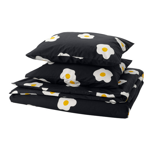ÖGONLOCKSMAL Duvet cover and 2 pillowcases, black/white/yellow, 200x200/50x60 cm