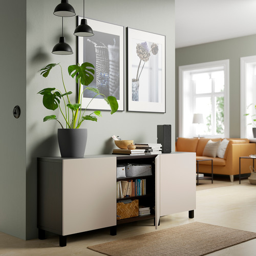 BESTÅ Storage combination with doors, black-brown/Lappviken/Stubbarp light grey-beige, 180x42x74 cm