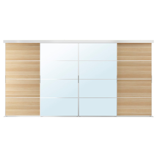 SKYTTA / MEHAMN/AULI Sliding door combination, aluminium/white stained oak effect mirror glass, 401x205 cm