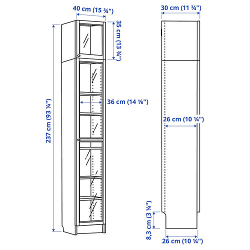 BILLY / OXBERG Bookcase w glass doors/ext unit, brown walnut effect, 40x30x237 cm